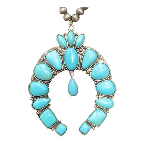 Silver and Turquoise Squash Blossom Necklace NWT - Picture 3 of 9